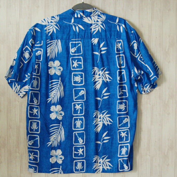 アロハシャツ メンズ ウクレレ 青 ブルー 亀 ホヌ TWO PARMS ツーパームス 本場ハワイ製 made in hawaii ALOHA  SHIRT 大きいサイズ 還暦 徳光 ツーパームス 送料無料