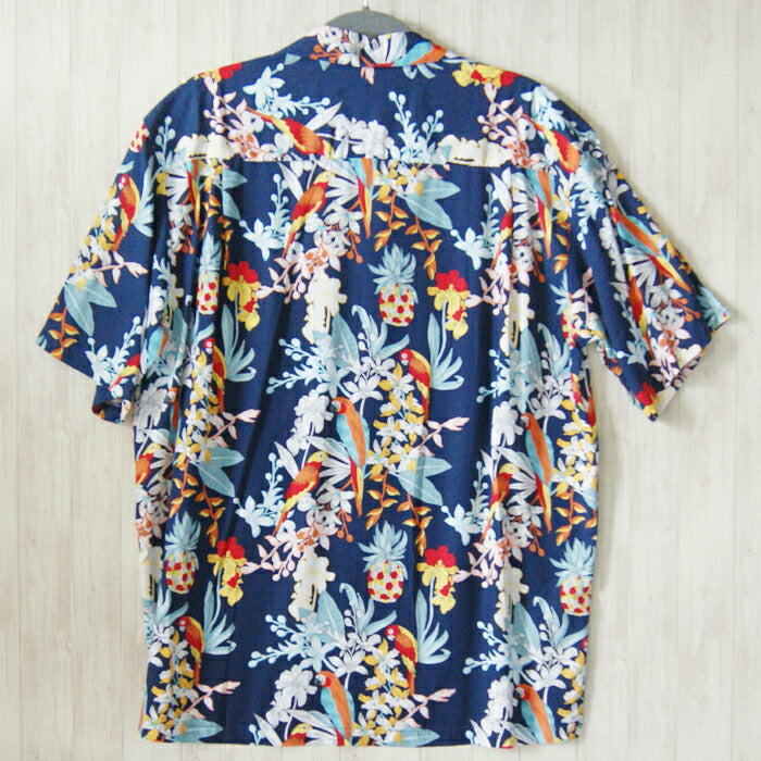 アロハシャツ メンズ 青 ブルー オウム 鳥 パイナップル柄 花柄 TWO 